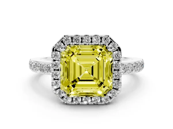Fancy Yellow Asscher Cut Halo Diamond Pavé Band Ring with Prong Setting Platinum
