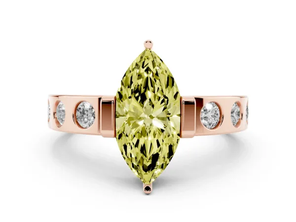 Fancy Yellow Marquise Cut Brilliant Channel-Set Diamond Ring with Bezel Prong Setting Rose gold
