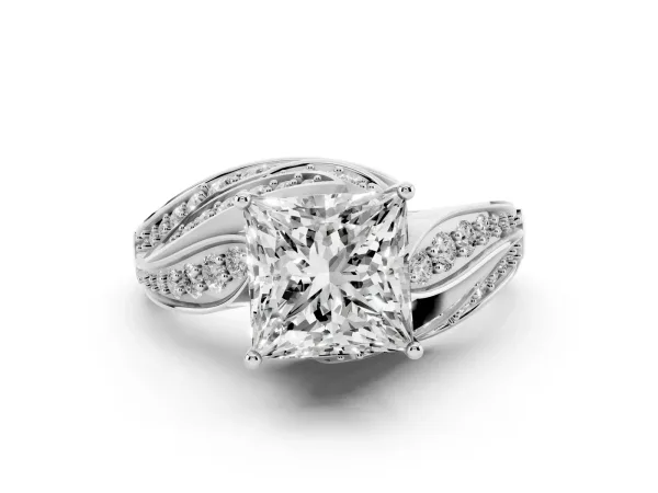 Princess Cut Diamond Solitaire Ring with Prong Setting and Twisted Pavé Band Platinum