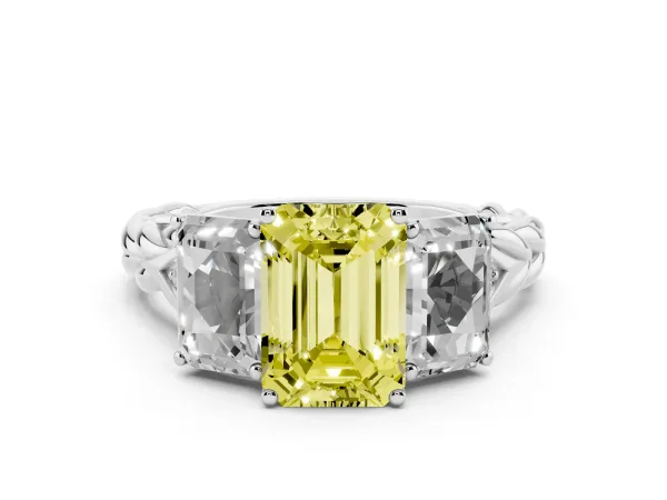 Fancy Yellow Three-Stone Radiant Cut Diamond Braided Band Ring with Four-Prong Setting White gold