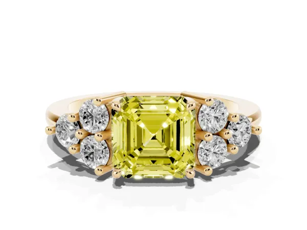 Fancy Yellow Asscher Cut Brilliant Diamond Cluster Accent Solitaire Ring with Prong Setting Yellow gold