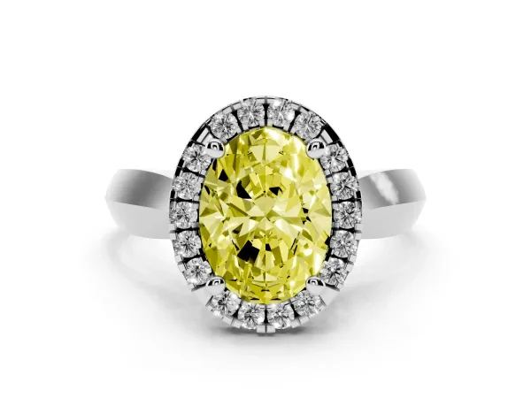 Fancy Yellow Oval Cut Cut Halo Solitaire Engagement Ring with Square Band and Four-Prong Setting White gold
