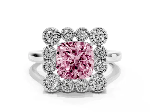 Fancy Pink Cushion Cut Halo Diamond Cluster Engagement Ring with Milgrain Bezel Setting and Solitaire Band Platinum
