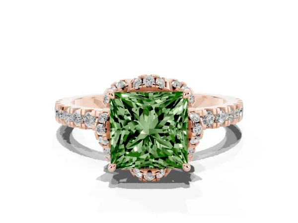 Fancy Green Princess Cut Halo Diamond Pave Band Ring with Four-Prong Setting Rose gold