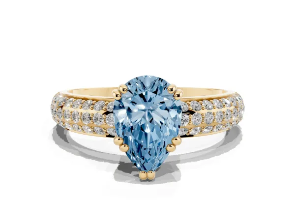 Fancy Blue Pear Cut Diamond Solitaire Ring with Multi-Row Round Pavé Band and Prong Setting Yellow gold