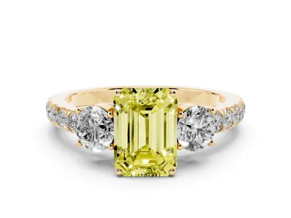 Fancy Yellow Emerald Cut Cut Diamond Three-Stone Ring with Round Side Stones and Pavé Band Yellow gold