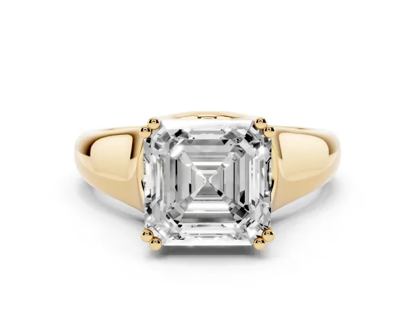 Asscher Cut Diamond Solitaire Ring with Wide Band and Prong Setting Yellow gold