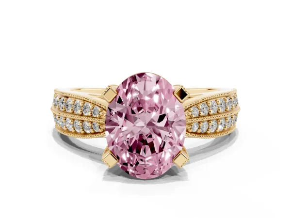 Fancy Pink Oval Cut Diamond Solitaire Ring with Milgrain Round Pavé Band and Prong Setting Yellow gold