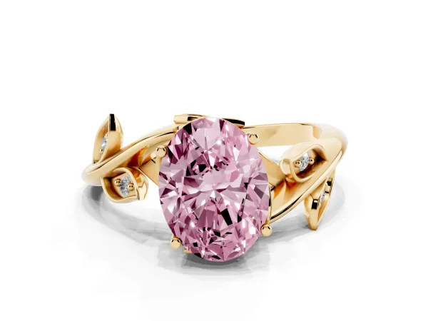 Fancy Pink Oval Cut Solitaire Twist Engagement Ring with Leaf Accents and Prong Setting Yellow gold