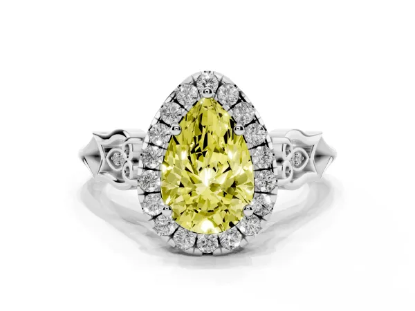 Fancy Yellow Pear Cut Halo Diamond Engagement Ring with Filigree Band and Four-Prong Setting Platinum