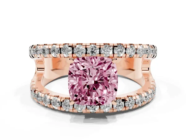Fancy Pink Cushion Cut Solitaire Split Shank Pave Diamond Ring Rose gold