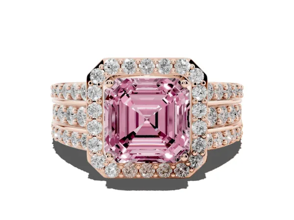 Fancy Pink Asscher Cut Halo Diamond Ring with Round Split Shank and Prong Setting Rose gold