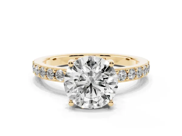Round Cut Cut Diamond Solitaire with Pave Band and Four-Prong Setting Yellow gold