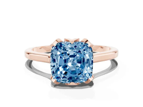 Fancy Blue Cushion Cut Diamond Solitaire Ring with Flower Prong Setting and Classic Band Rose gold