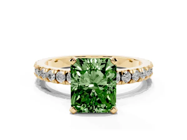 Fancy Green Radiant Cut Diamond Pavé Band Solitaire with Four-Prong Setting Yellow gold