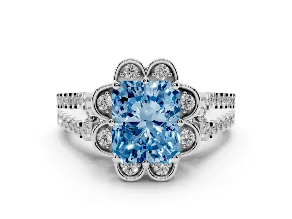 Fancy Blue Radiant Cut Halo Diamond Floral Split Shank Engagement Ring White gold