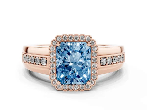 Fancy Blue Radiant Cut Cut Halo Pave Band Four-Prong Ring Rose gold