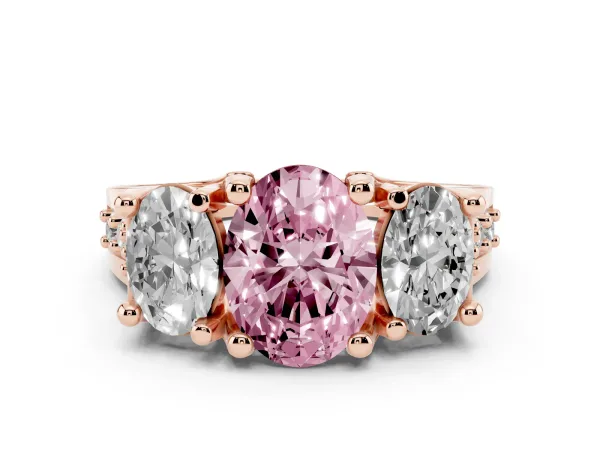 Fancy Pink Oval Cut Diamond Three-Stone Ring with Channel Set Band and Four-Prong Setting Rose gold