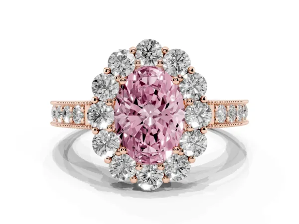 Fancy Pink Oval Cut Cut Halo Diamond Pavé Engagement Ring with Milgrain Detailing Rose gold