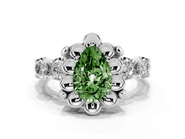 Fancy Green Pear Cut Cut Diamond Floral Halo Engagement Ring with Shared Prong Setting Platinum