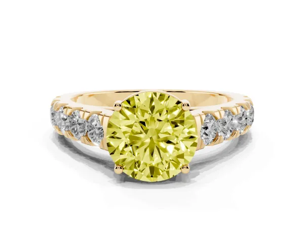 Fancy Yellow Round Cut Cut Diamond Solitaire Ring with Micro Pave Band and Prong Setting Yellow gold