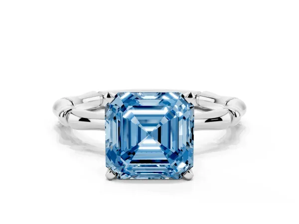 Fancy Blue Asscher Cut Solitaire Diamond Ring with Bamboo Band and Four-Prong Setting Platinum