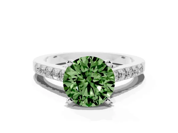 Fancy Green Round Cut Diamond Solitaire Ring with Crossover Gallery and Round Pavé Band Platinum