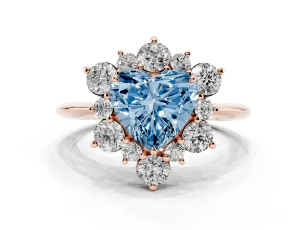 Fancy Blue Heart Cut Diamond Cluster Halo Ring with Solitaire Band and Four-Prong Setting Rose gold