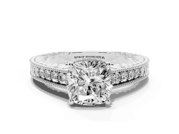Cushion Cut Solitaire Pavé Diamond Milgrain Engagement Ring with Four-Prong Setting Platinum