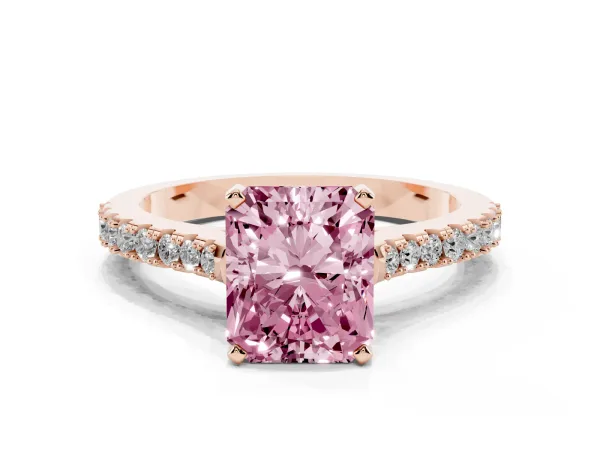Fancy Pink Radiant Cut Cut Solitaire Diamond Engagement Ring with Pave Band and Four-Prong Setting Rose gold