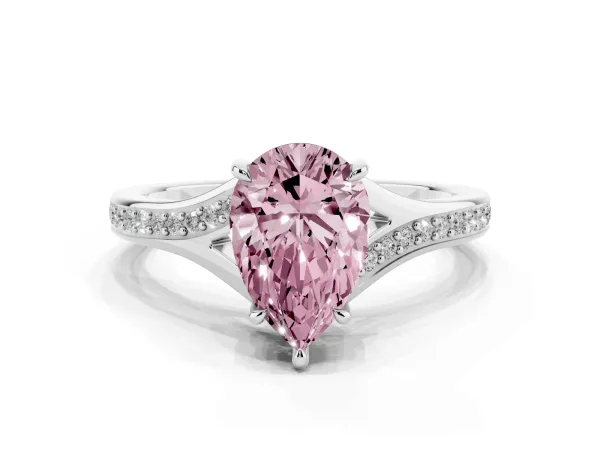 Fancy Pink Pear Cut Diamond Solitaire Ring with Pavé Band and Prong Setting Platinum