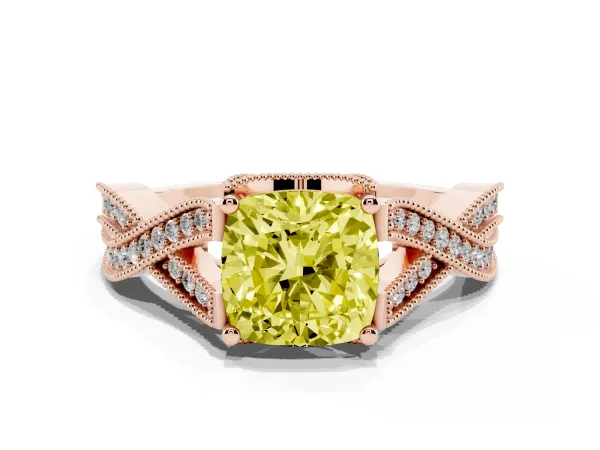 Fancy Yellow Cushion Cut Cut Diamond Twisted Band with Milgrain Pave Setting and Four-Prong Setting Rose gold
