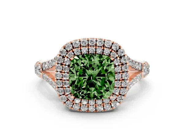 Fancy Green Cushion Cut Diamond Pavé Split Shank Double Halo Engagement Ring Rose gold