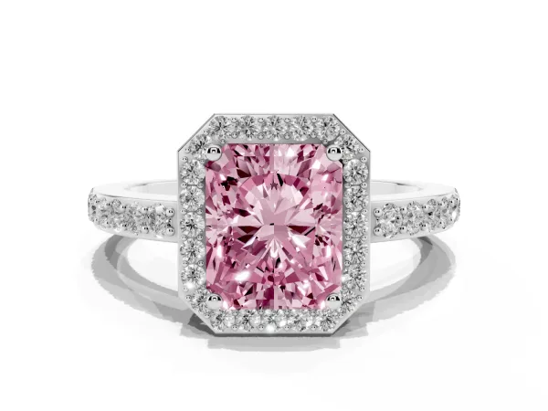 Fancy Pink Radiant Cut Halo Diamond Pavé Band Ring with Prong Setting White gold