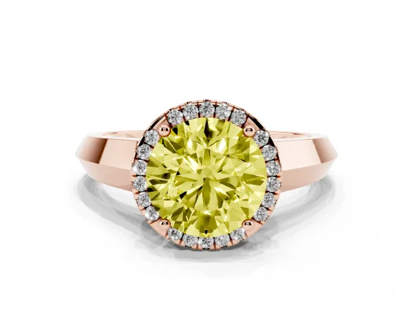 Fancy Yellow Round Cut Halo Diamond Ring with Cathedral Band and Four-Prong Setting Rose gold