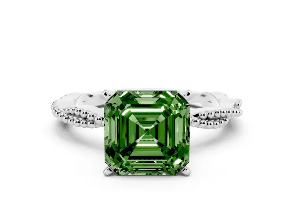Fancy Green Asscher Cut Solitaire Twisted Band with Bead Prong Setting Platinum