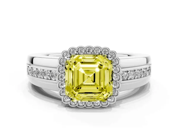 Fancy Yellow Asscher Cut Cut Halo Pave Band Four-Prong Ring Platinum