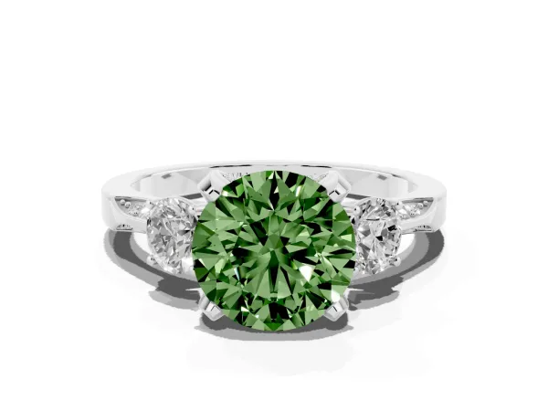 Fancy Green Round Cut Brilliant Three-Stone Diamond Ring with Pavé Band and Four-Prong Setting Platinum