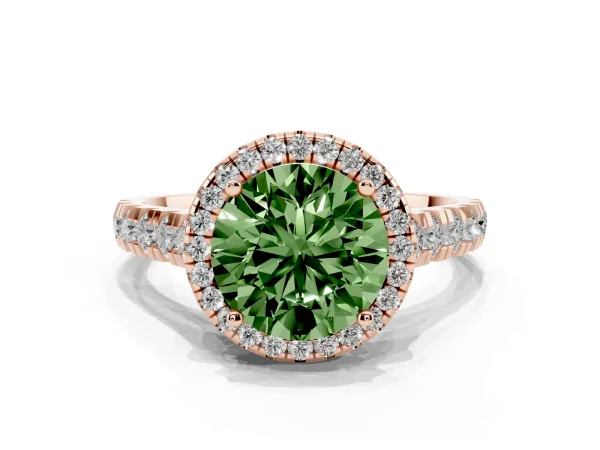 Fancy Green Round Cut Halo Pavé Diamond Engagement Ring with Four-Prong Setting Rose gold