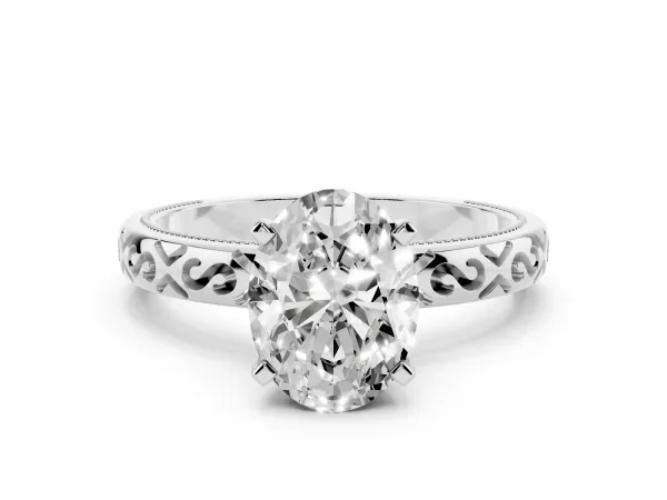 Oval Cut Solitaire Engagement Ring with Scrollwork Band and Four-Prong Setting Platinum