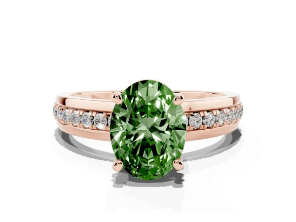 Fancy Green Oval Cut Solitaire Diamond Ring with Channel Set Band and Six-Prong Setting Rose gold
