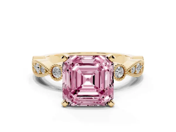 Fancy Pink Asscher Cut Milgrain Bezel Diamond Engagement Ring with Solitaire Prong Setting Yellow gold