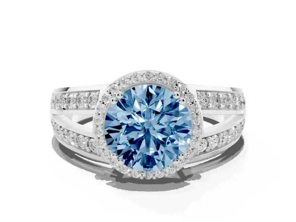 Fancy Blue Round Cut Diamond Halo Ring with Split Shank Pavé Band and Four-Prong Setting Platinum