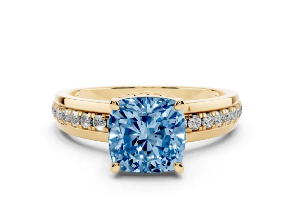 Fancy Blue Cushion Cut Solitaire Diamond Ring with Channel Set Band and Six-Prong Setting Yellow gold