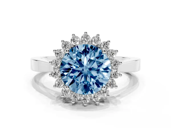 Fancy Blue Round Cut Cut Diamond Halo Ring with Round Brilliant Halo and Solitaire Band White gold