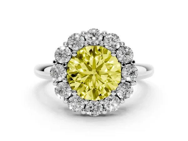 Fancy Yellow Round Cut Halo Cluster Diamond Engagement Ring with Prong Setting and Polished Band White gold