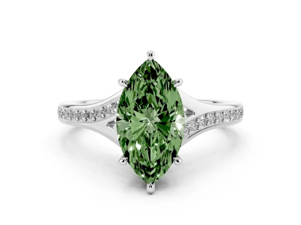 Fancy Green Marquise Cut Diamond Solitaire Ring with Pavé Band and Prong Setting Platinum