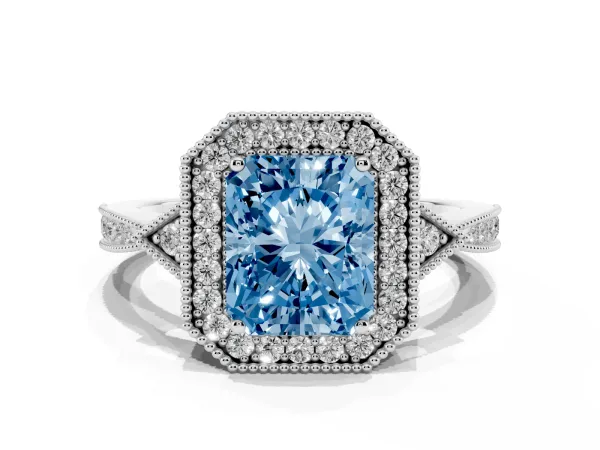 Fancy Blue Radiant Cut Halo Round Diamond Milgrain Pave Engagement Ring White gold