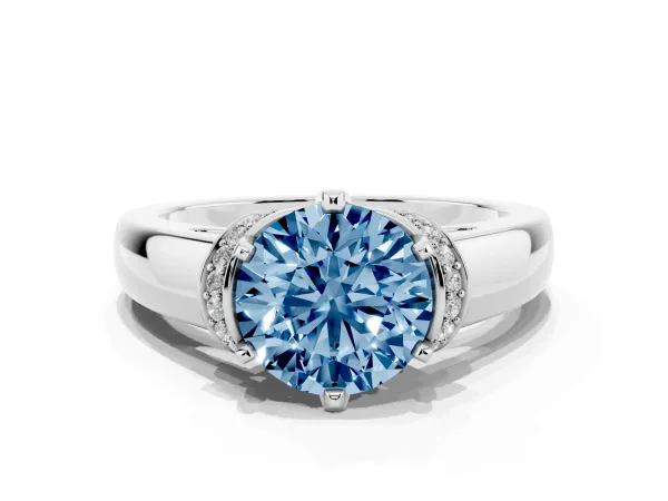 Fancy Blue Round Cut Solitaire Diamond Ring with Pave Band and Six-Prong Setting White gold