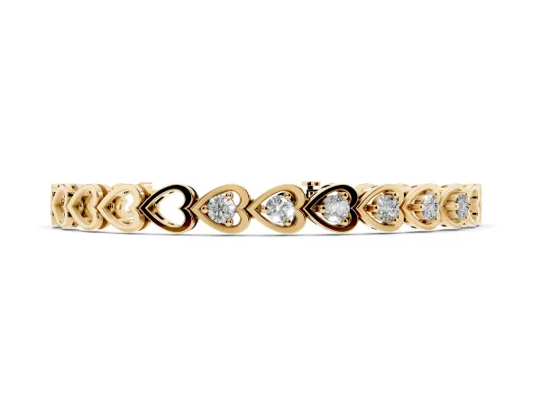 Heart Link Diamond Tennis Bracelet with Round Cut Stones and Bezel Setting Yellow gold